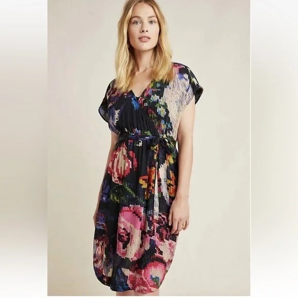 Anthropologie Astrid Needlepoint Floral Pockets V-Neck Dress Modal bobo size M - Picture 2 of 13